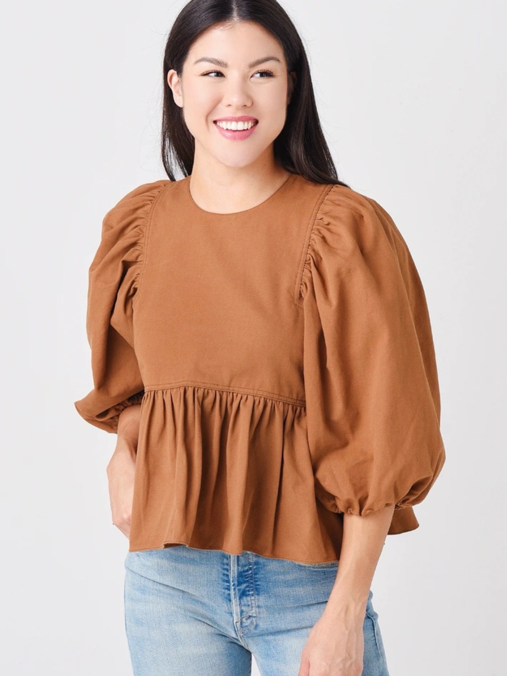 Hunter Bell Harlow Top‎ Women's Puff Sleeve Peplum Top Brown Camel Sz S